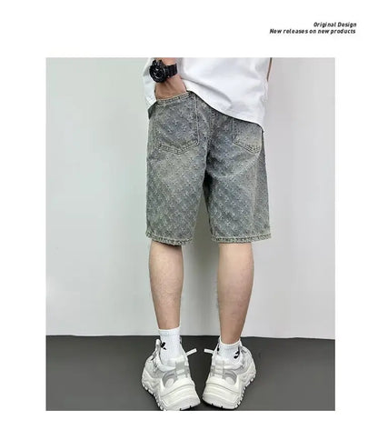 Fashion Casual Summer Light Blue Distressed Men Denim Shorts Smart Straight Leg Loosen Male High Street Niche Design Tide Shorts
