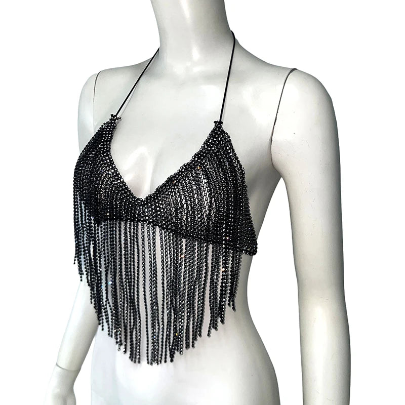 Luxury Rhinestone Tassel Decoration Tank Top For Women Summer Sexy Backless Bandage Halter Neck Crop Top Party Festival Camis