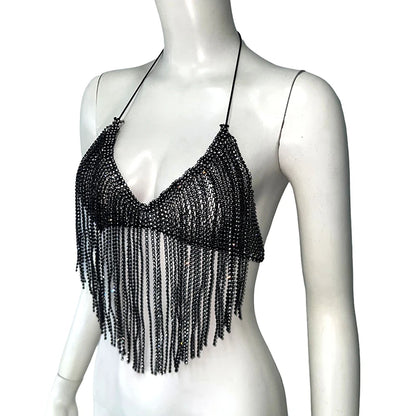 Luxury Rhinestone Tassel Decoration Tank Top For Women Summer Sexy Backless Bandage Halter Neck Crop Top Party Festival Camis