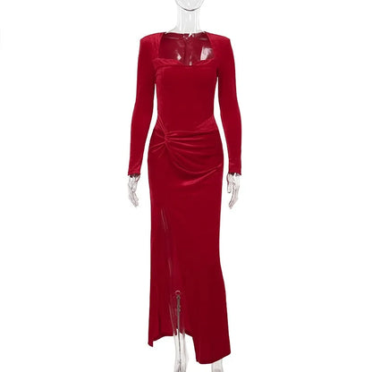 Trendix Velvet Elegant Evening Dress For Women Square Collar Long Sleeve Sexy Maxi Dresses Party Solid Slim Side Slit Dress 2025