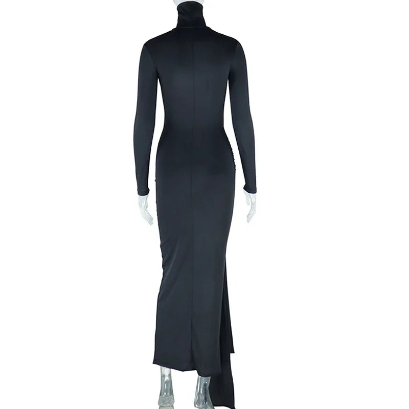CM.YAYA Women Full Sleeve Turtleneck Ribbon Ruched Long Maxi Dress 2025 Spring Sexy Street Slim Evening Night Club Party Dresses
