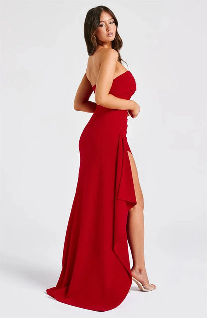 Mozision Strapless Backless High Split Maxi Dress Women Fashion Off-shoulder Sleeveless Bodycon Club Party Long Dress Elegant