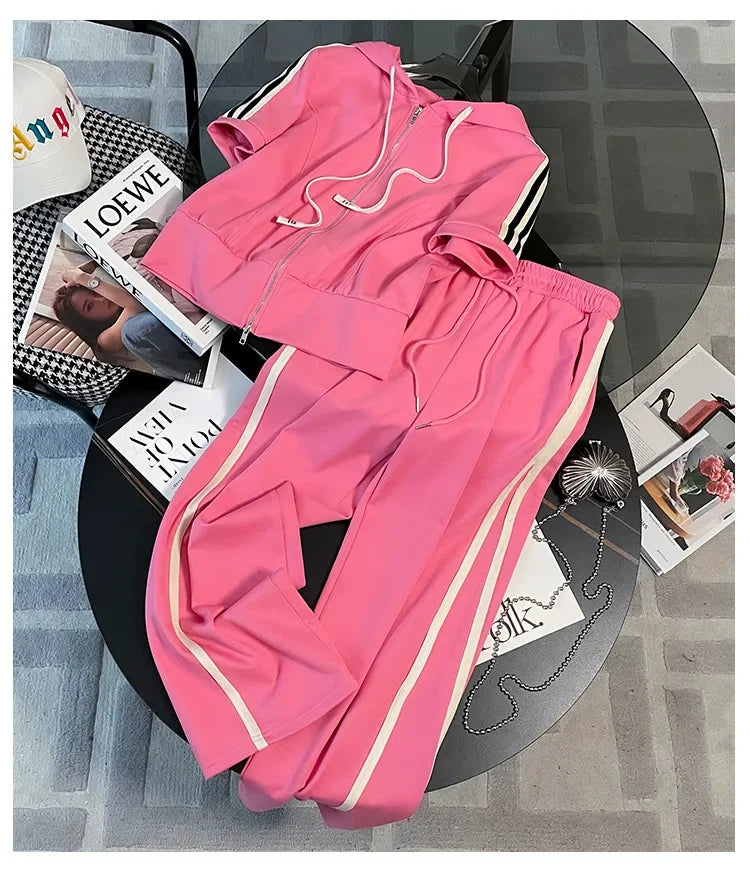 Korean Style Women's Sportswear Summer 2024 Trendy Age-Reducing Slimming Elegant Short Sleeves Hooded Top 2-Piece Set