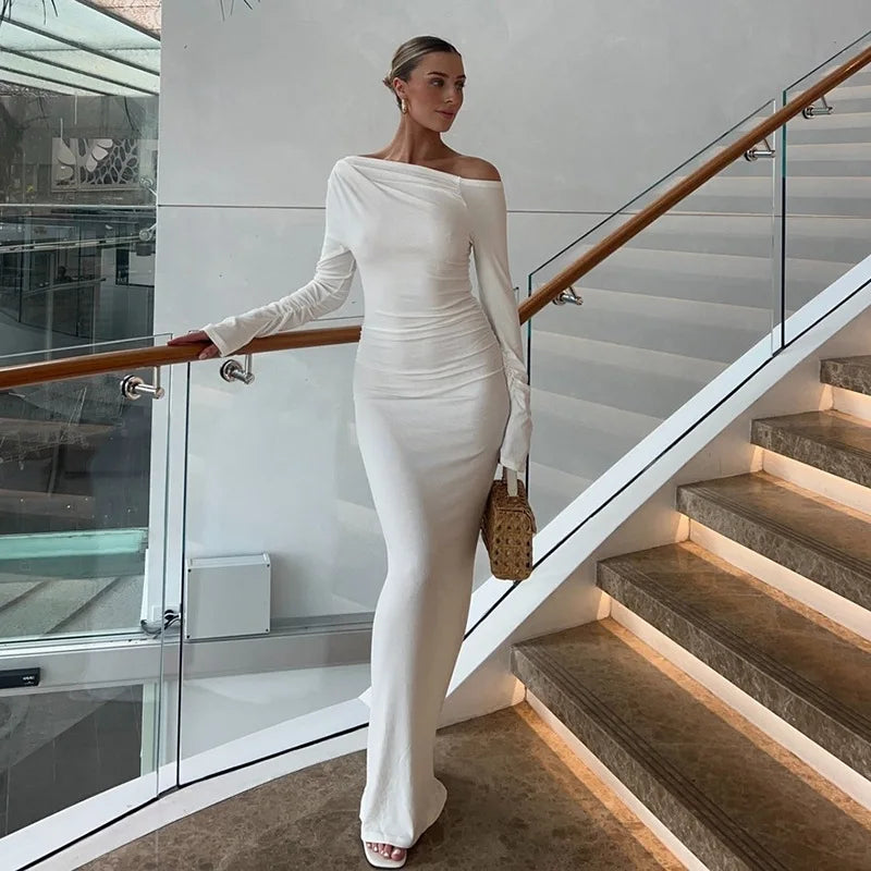 TARUXY White Skew Collar Long Sleeve Maxi Dress For Women 2024 Autumn Winter New Bodycon Elegant Party Dress Female High Waist