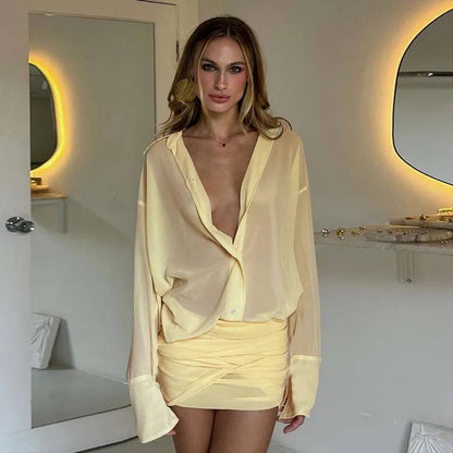 Cryptographic Fashion See Through Shirt Mini Dress Flare Sleeve Sexy Club Party Bandage Ruched Lapel Dresses Outfits Clothes