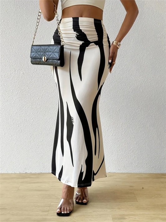 Women's Summer Bodycon Long Skirt Casual High Waist Zebra Print Slim Fit Skirt Elegant Fishtail Skirt