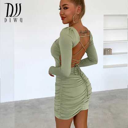 DIWU Long Sleeve Sexy White Bodycon Bouncy Dress Women Square Neck Ruched Backless Straps Elegant Mini Dresses