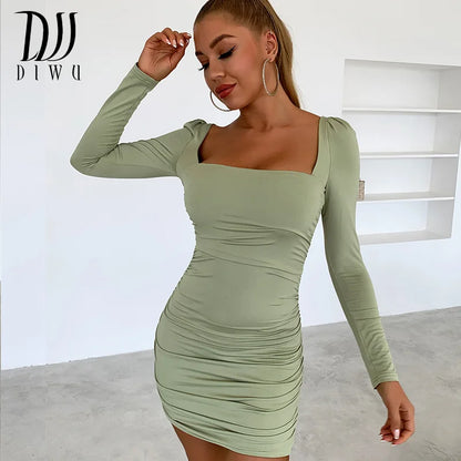 DIWU Long Sleeve Sexy White Bodycon Bouncy Dress Women Square Neck Ruched Backless Straps Elegant Mini Dresses