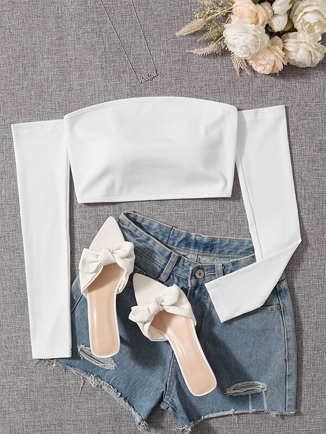 Women's Off-Shoulder Short Crop Top - Slim-Fit Sleeve Stretchy Shirt, Solid Black All-Season Versatile Top for Casual & Formal Outfits, Machine Washable Elegant Women's Fashion Apparel