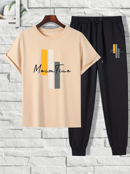 Color Blocks Print, Men's 2 Pieces Outfits, Short Sleeve T-Shirt And Drawstring Trousers Set