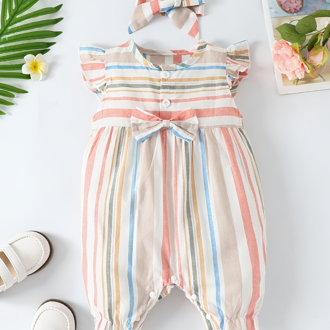 Baby Girls Striped Ruffled Romper Set with Bow Headband for Summer