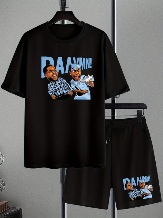 Men's Cartoon Letter Graphic Drop Shoulder Short Sleeve Crew Neck T-shirt & Drawstring Pockets Shorts Loungewear Set, Casual Fashion Skin-friendly And Comfortable Pajama Set, Plus Size