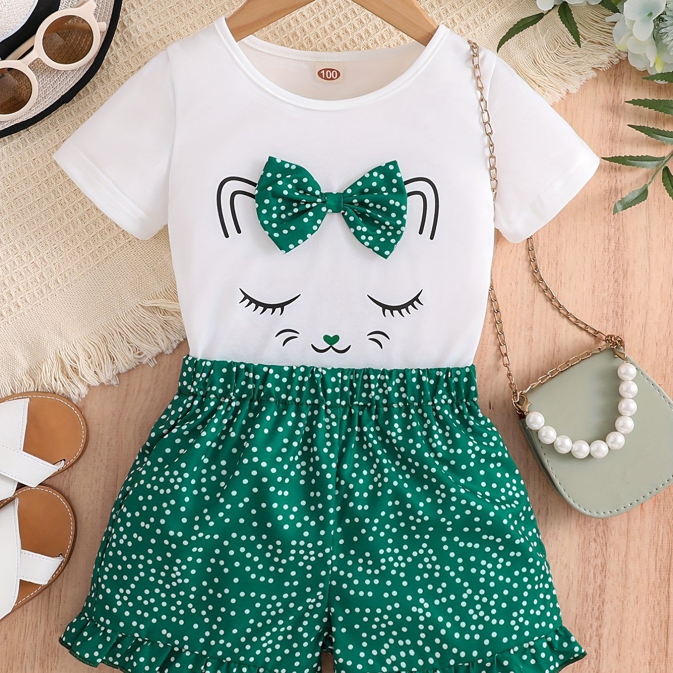 2pcs Girls Cute Cat Graphic Bow T-Shirts Round Neck Short Sleeve Tees Top & Elastic Waist Polka Dots Ruffled Hem Shorts Set Kids Summer Clothes