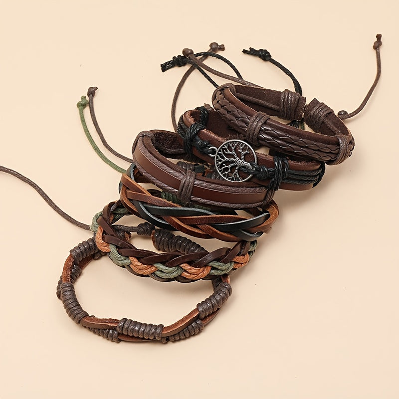6pcs Retro Funky Men'S Alloy Combination Life Tree Faux Leather Braided Bracelet - Antique Golden Plated, Pendant Material: Alloy, Brand: HUANMING