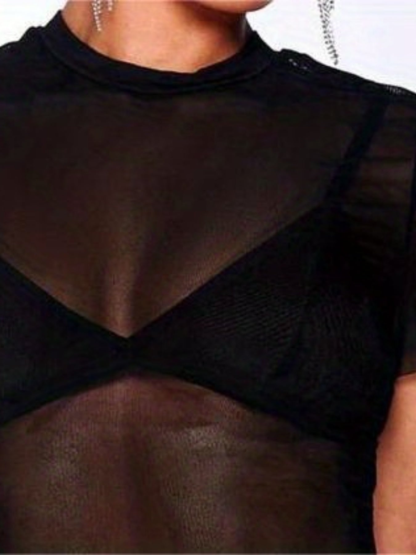 Solid Sheer T-shirt, Sexy Mock Neck Short Sleeve Summer Slim T-shirt, Women's Clothing