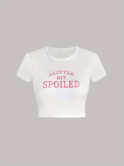 Letter Embroidery Crop T-Shirt, Y2K Short Sleeve T-Shirt For Spring & Summer, Women's Clothing