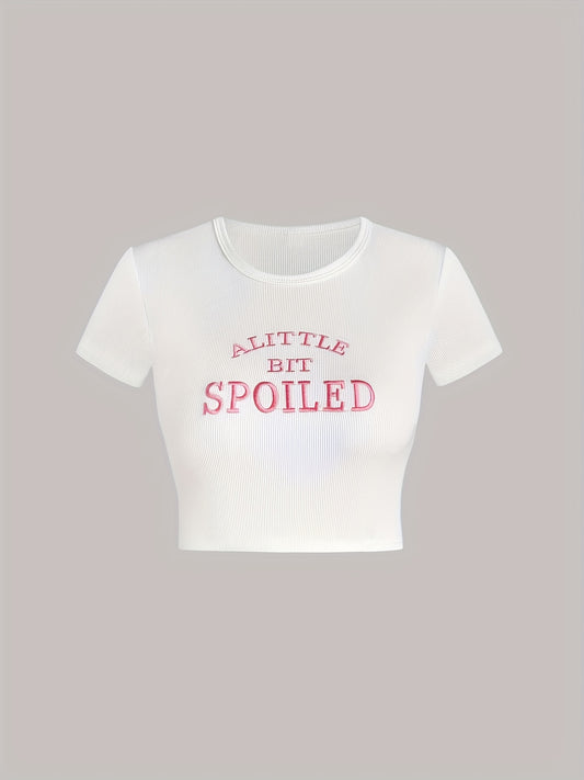 Letter Embroidery Crop T-Shirt, Y2K Short Sleeve T-Shirt For Spring & Summer, Women's Clothing