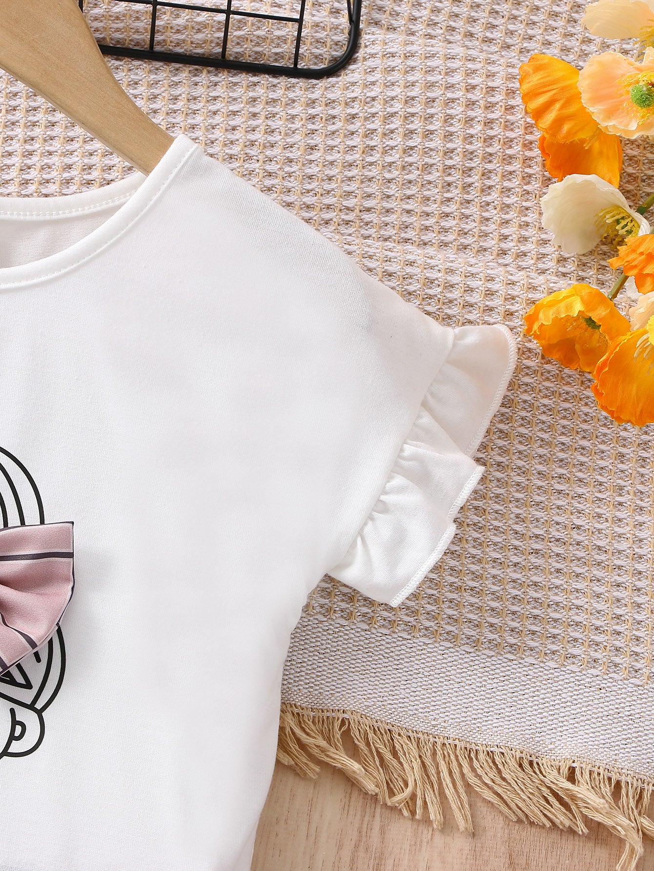 2pcs Girls Figure Graphic T-Shirts Round Neck Ruffle Sleeve Tees Top & Elastic Waist Bow Plaid Shorts Set Kids Summer Clothes
