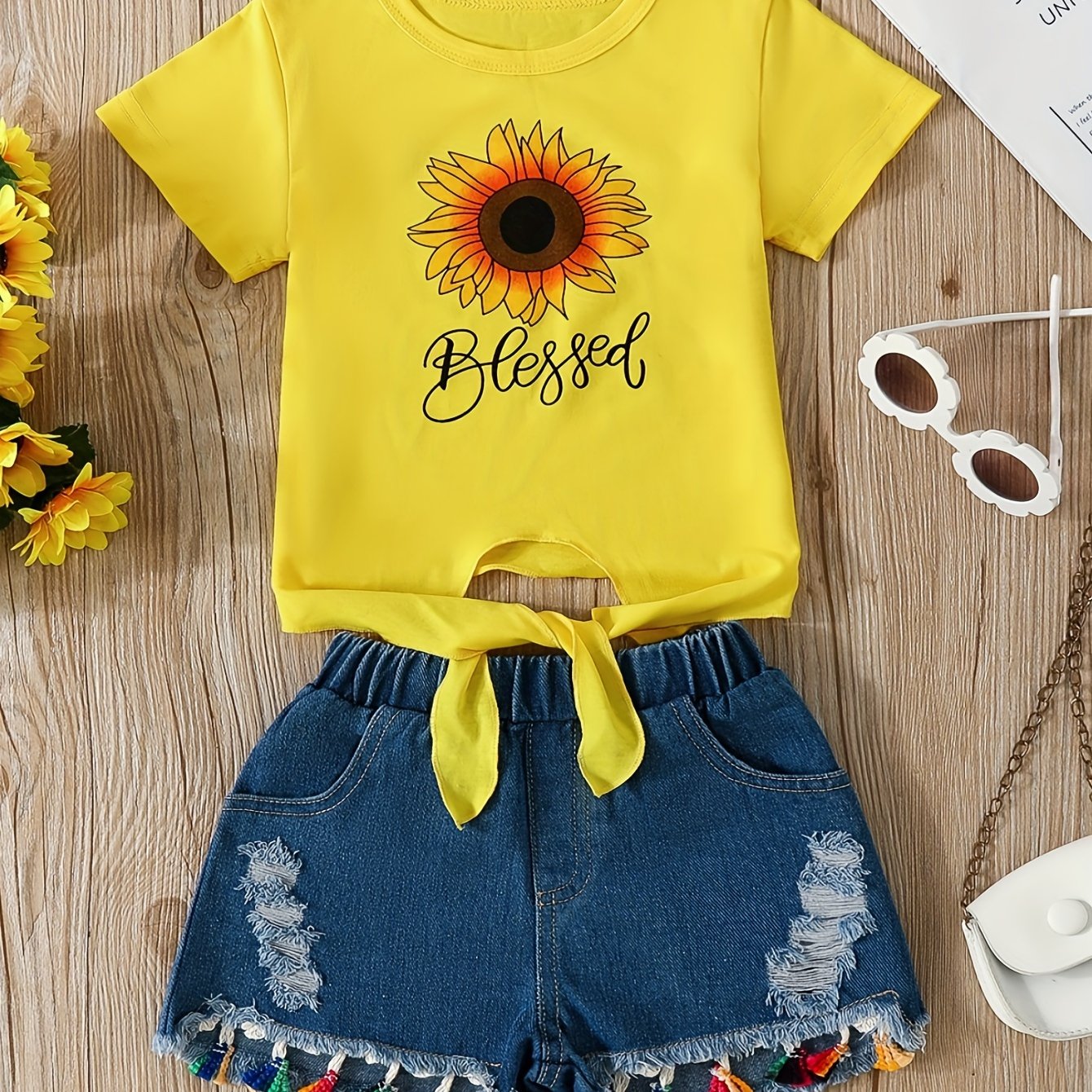 2pcs Comfy Girls Casual Short Sleeve T-shirt & Denim Shorts Set, Sunflower And Letter Graphic Print Summer Kids Outdoor Clothing