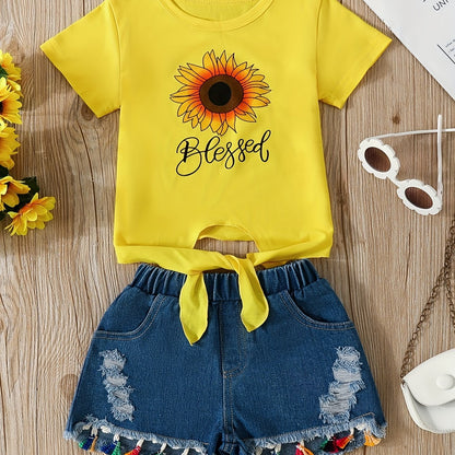 2pcs Comfy Girls Casual Short Sleeve T-shirt & Denim Shorts Set, Sunflower And Letter Graphic Print Summer Kids Outdoor Clothing