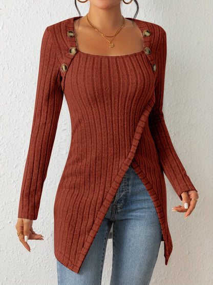 Button Decor Asymmetrical Hem T-Shirt, Casual Ribbed Long Sleeve Top For Spring & Fall, Women's Clothing