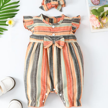Baby Girls Striped Ruffled Romper Set with Bow Headband for Summer