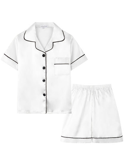 2pcs Girls Pajamas Outfit V-neck Button Casual Short Sleeve Top & Elastic Waist Shorts Set Kids Summer Clothes