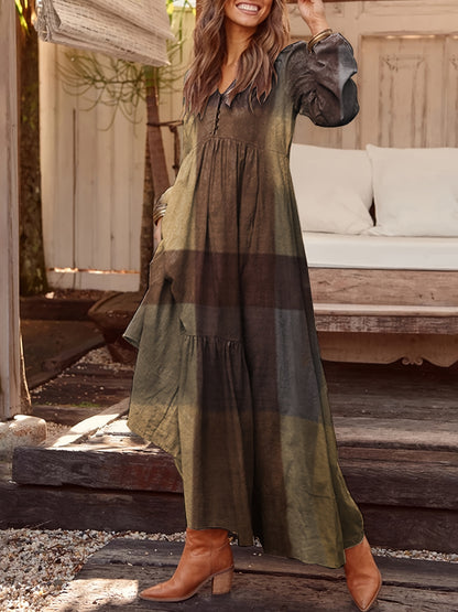 Patchwork Print Loose Dress, Boho V Neck Long Sleeve Dress, Women's Clothing