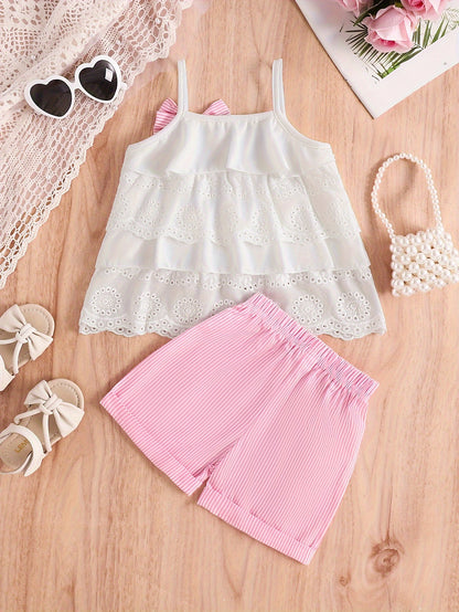 2pcs Lace Camisole Top and Elastic Waist Striped Shorts Girls Outdoor Set