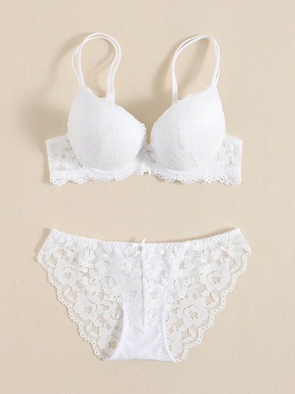 Romantic Lace Embroidery Lingerie Set - Soft & Breathable Push-Up Bra with Sheer Panty - Perfect Seductive Valentines Gift for Her - Womens Comfortable Intimate Wear