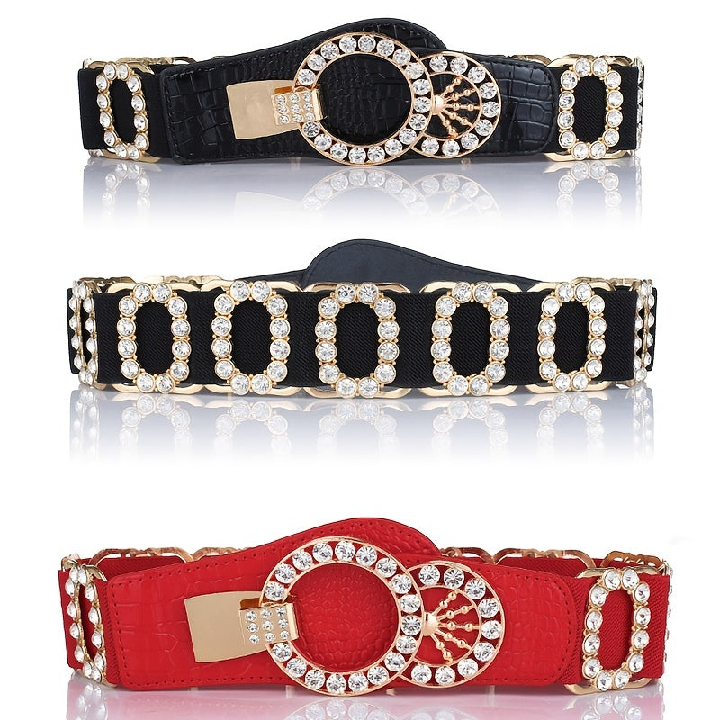 Stretchy Elastic Waist Belt for Women - Sparkling Rhinestone Accents, Alphabets, Rivet, Sequins, and Studded Details - Perfect for Party, Wedding, Bohemian, and Business Occasions