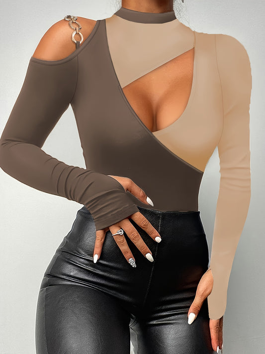 Fashionable Color Block Cut Out T-Shirt - Eye-Catching Detail, Chic Mock Neck, Cold Shoulder Style - Perfect for Spring & Fall, Womens Casual Wardrobe Staple