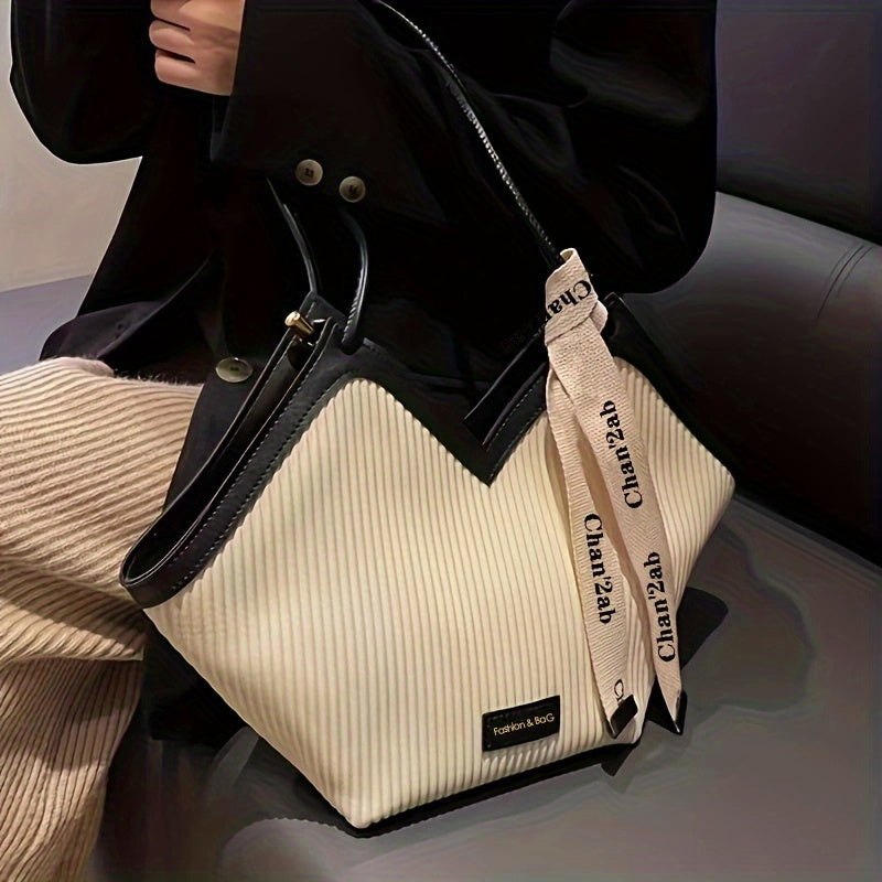Large-Capacity Faux Leather Tote Bag - Stylish Zipper Closure, Fixed Shoulder Straps, Simple and Spacious Design for Work, Daily Use, and Travel - Durable, Easy-to-Clean, and Trendy Accessory
