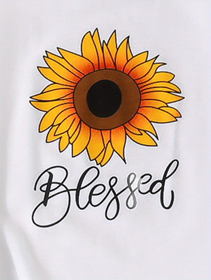 2pcs Comfy Girls Casual Short Sleeve T-shirt & Denim Shorts Set, Sunflower And Letter Graphic Print Summer Kids Outdoor Clothing