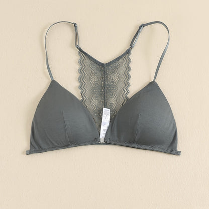 Triangle Cups Front Buckle Bras, Lace Stitching Beauty Back Bra With Removable Pads, Women's Lingerie & Underwear