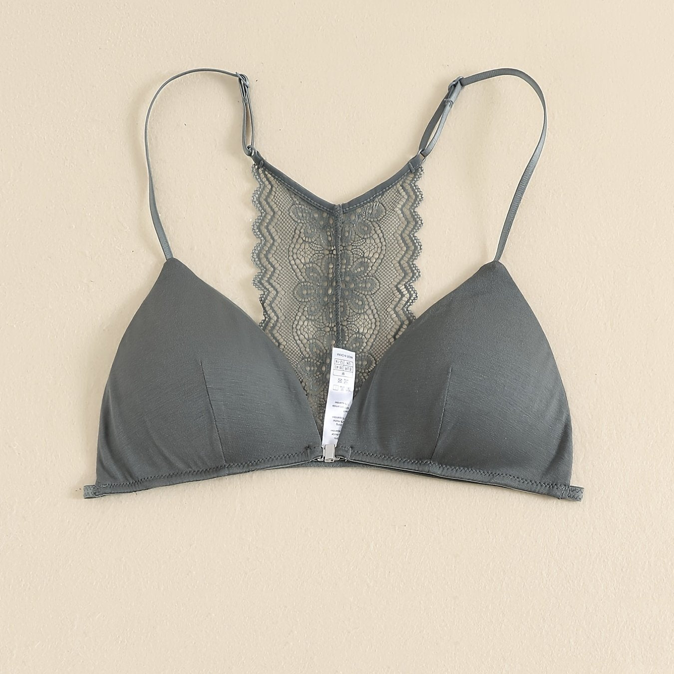 Triangle Cups Front Buckle Bras, Lace Stitching Beauty Back Bra With Removable Pads, Women's Lingerie & Underwear