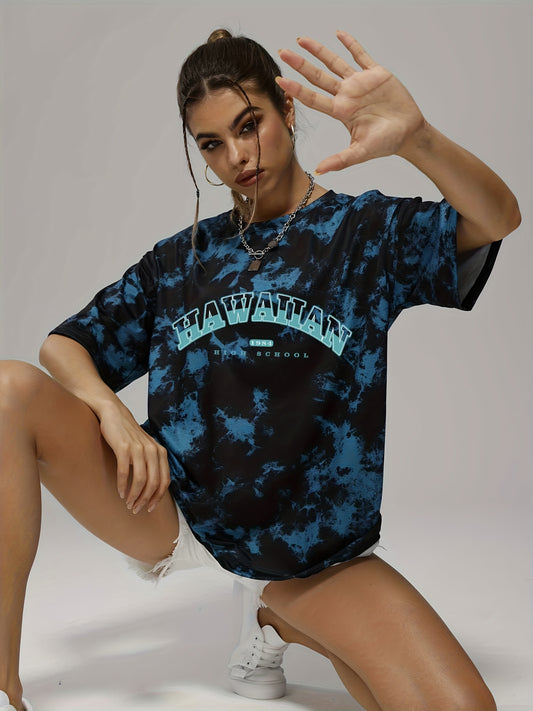 Women's Tie Dye Letter Graphic Tee, Casual Loose Sports Crew Neck T-shirt, Women's Tops