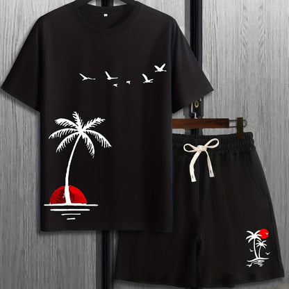 Mens 2Pcs Coconut Tree Print Outfit - Lightweight & Comfortable Casual T-Shirt & Drawstring Shorts Set - Perfect Summer Style with Quick-Dry Technology