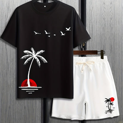 Mens 2Pcs Coconut Tree Print Outfit - Lightweight & Comfortable Casual T-Shirt & Drawstring Shorts Set - Perfect Summer Style with Quick-Dry Technology