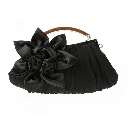 Floral Decor Clutch Bag, Elegant Ruched Detail Handbag, Women's Trendy Chain Shoulder Bag For Party