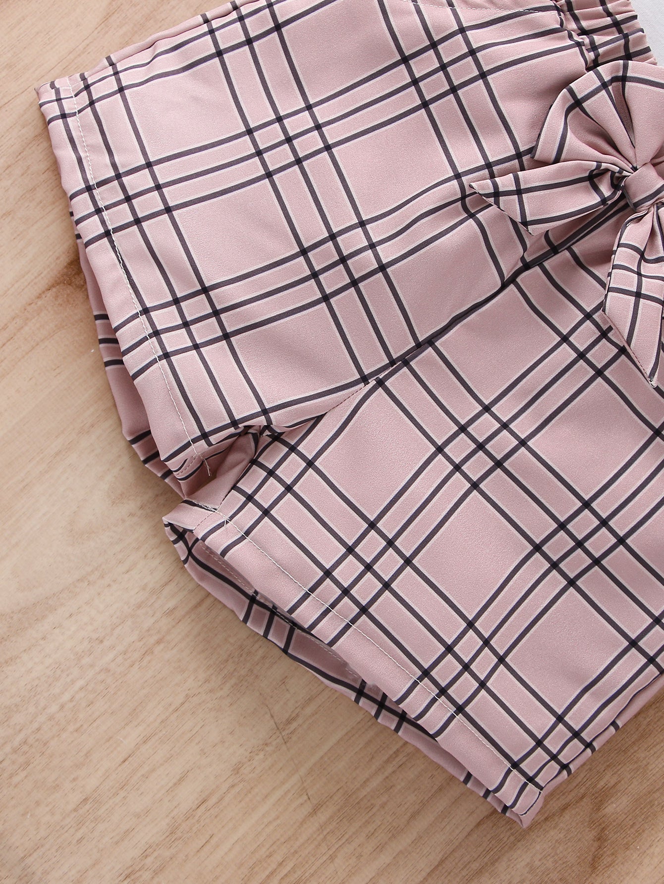 2pcs Girls Figure Graphic T-Shirts Round Neck Ruffle Sleeve Tees Top & Elastic Waist Bow Plaid Shorts Set Kids Summer Clothes