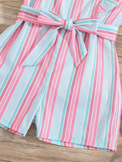 Girls Sleeveless Ruffle Trim Romper Striped Jumpsuit With Belt Kids Summer Clothes