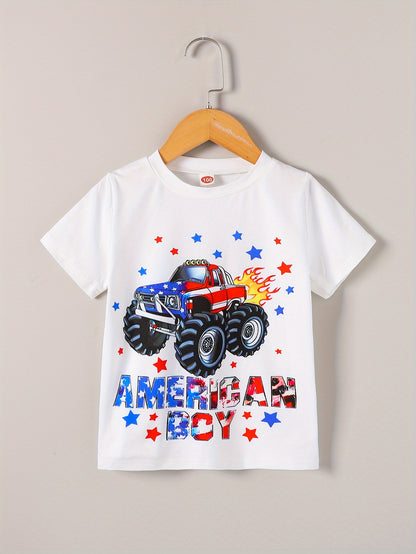 Boys Independence Day Car Print Boys Creative T-shirt, Casual Lightweight Comfy Short Sleeve Crew Neck Tee Tops, Kids Clothings For Summer
