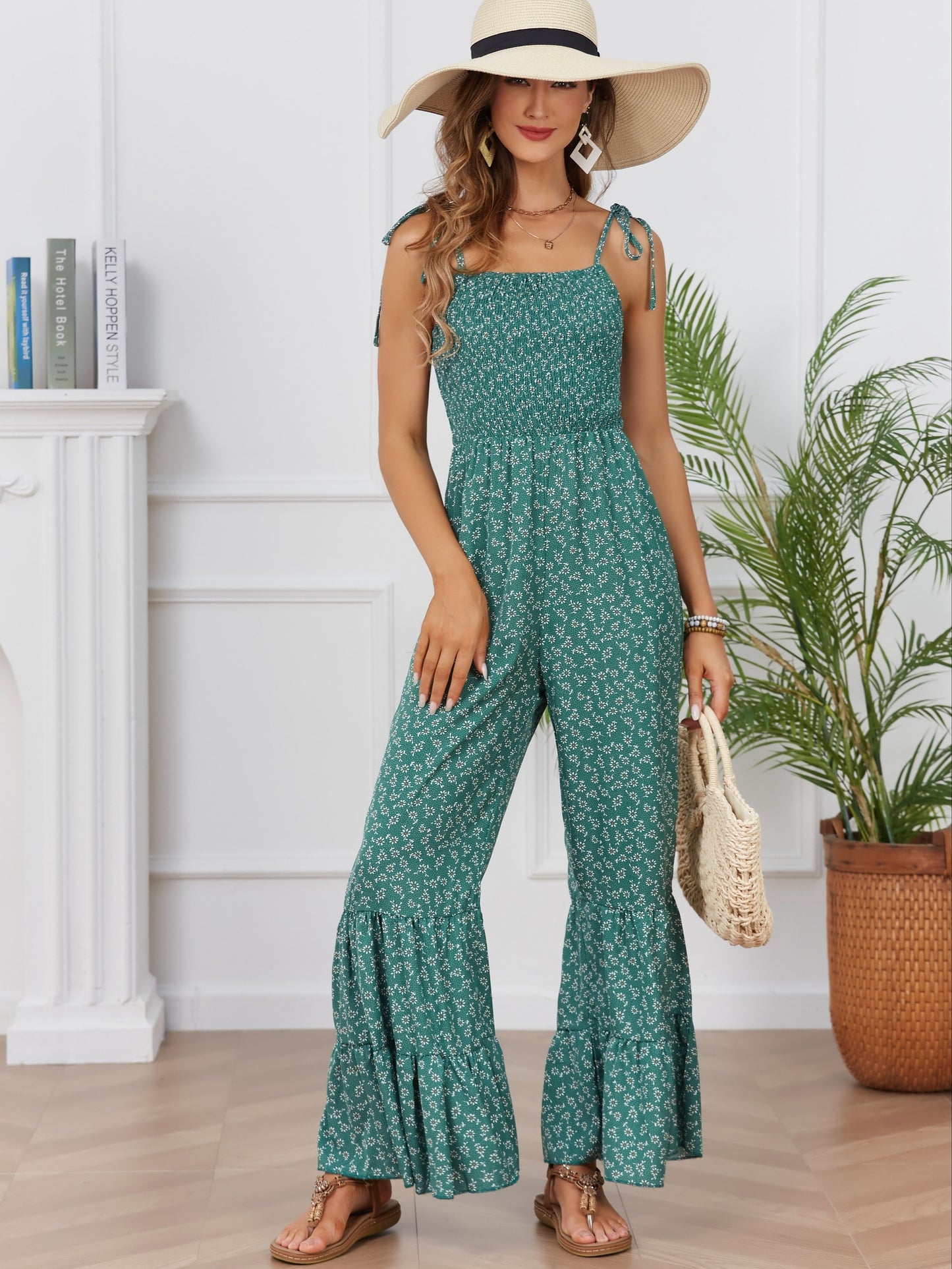 Bohemian Chic Ditsy Floral Print Jumpsuit - Lightweight & Breathable Sleeveless Spaghetti Strap Vacation Wear - Flared Leg Womens Casual Fashion