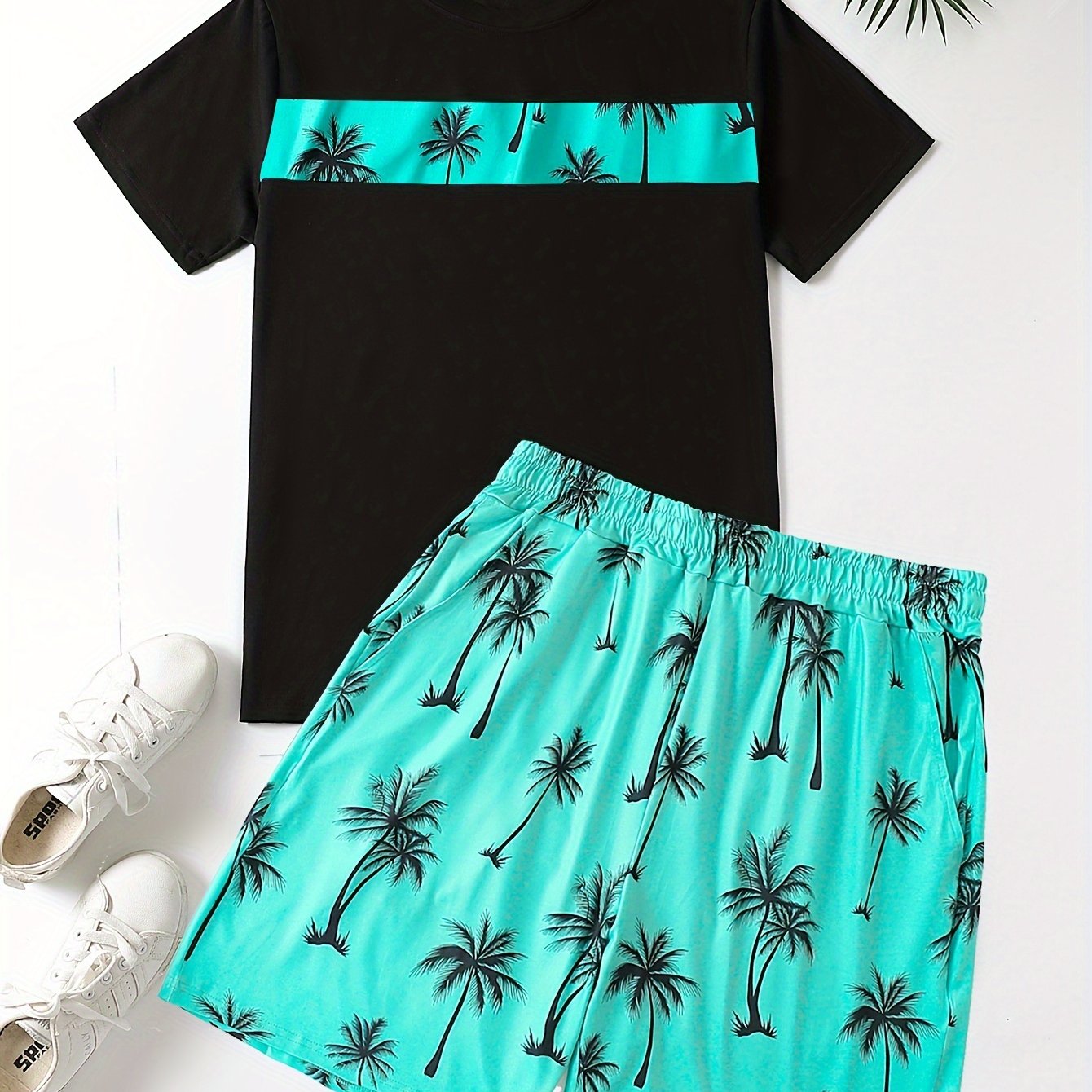 2Pcs Men's Palm Trees Print Casual Crew Neck Short Sleeve T-shirt And Drawstring Sweatpants Joggers Set For Summer