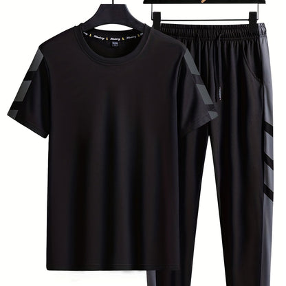 Classic Men's 2 Pieces Outfits, Short Sleeve T-Shirt And Drawstring Trousers Set
