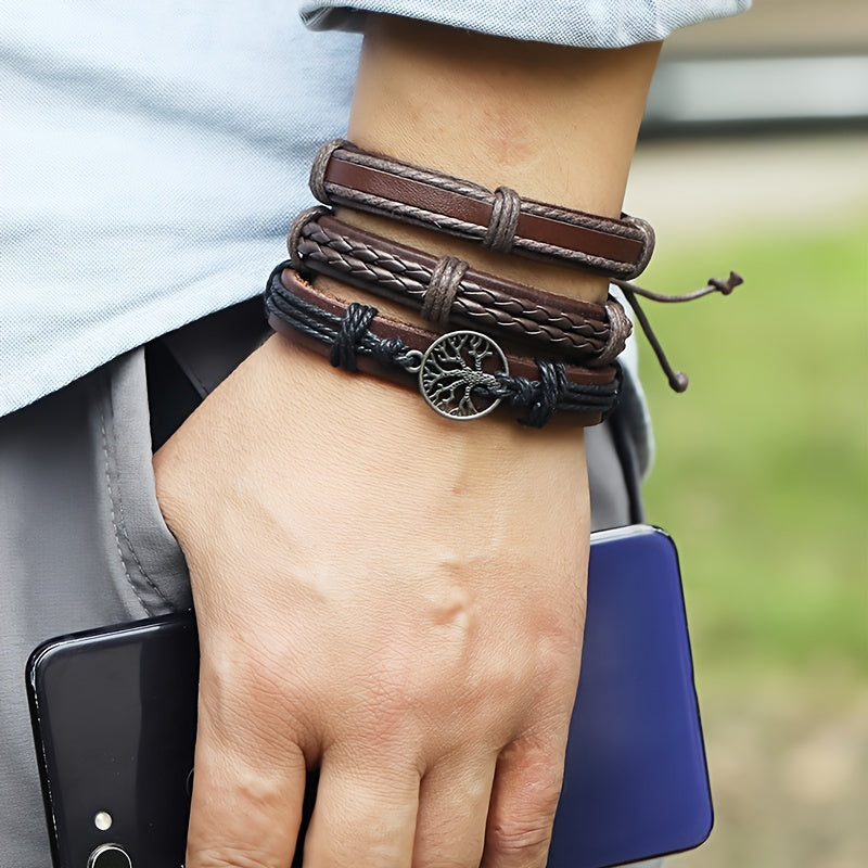 6pcs Retro Funky Men'S Alloy Combination Life Tree Faux Leather Braided Bracelet - Antique Golden Plated, Pendant Material: Alloy, Brand: HUANMING