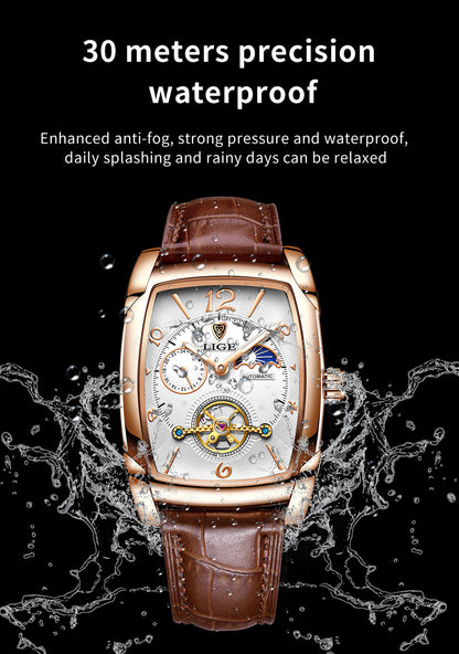 LIGE 2023 Vintage-Inspired Mechanical Men's Watch – Waterproof, Rectangular Leather Timepiece, Perfect Gift