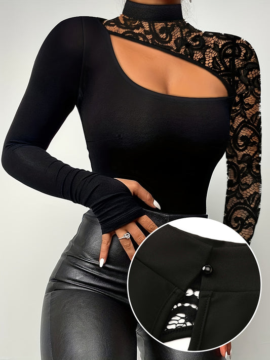 Cutout Lace Stitching T-Shirt, Casual Mock Neck Long Sleeve Top For Spring & Summer, Women's Clothing
