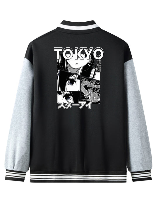 Men's Anime Portrait Embroidered Varsity Jacket - Casual Color Block Button Up for Spring and Fall Baseball and School